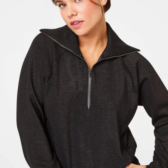 NWOT SPANX AirEssentials Half Zip with Shimmer in very black/Silver shimmer in M - Picture 4 of 10